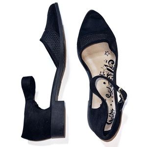 Black pointed toe suede mesh mini heels with ankle strap - size women’s 9 - used